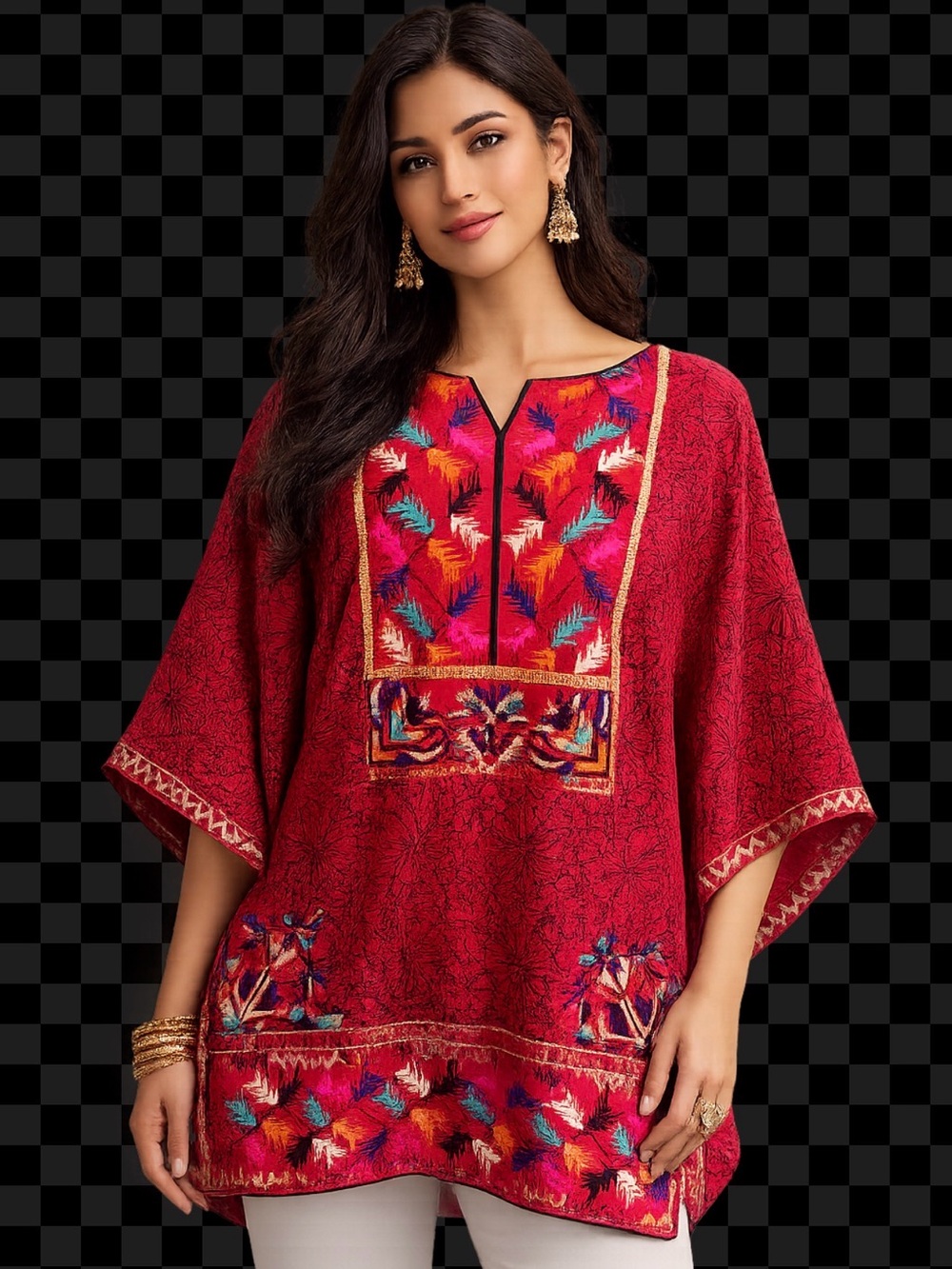 Chinyere Embroidered Red Tunic Top with Multicolor Accents
